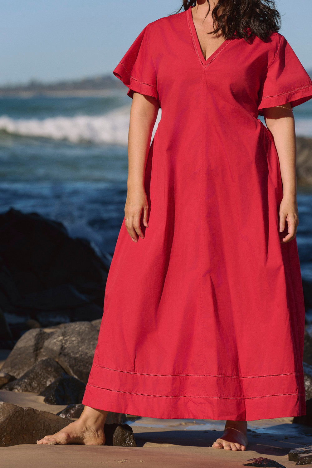 Tatum Flutter Sleeve Dress in Red Poplin