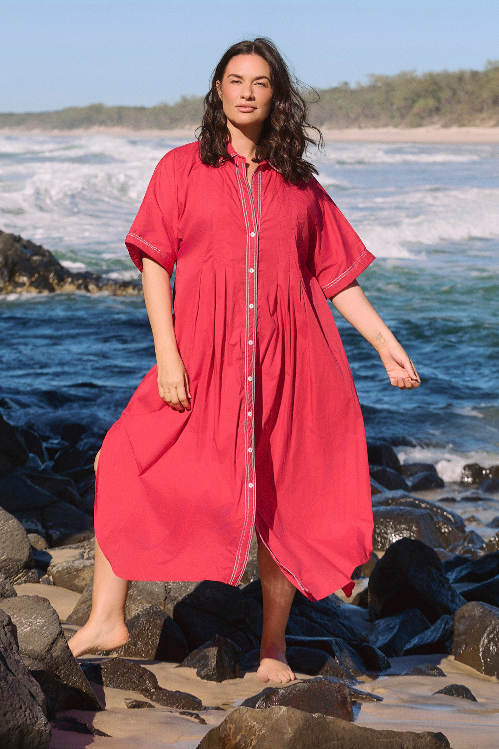 Bridget Pleated Dress in Red Poplin featuring shoulder-to-waist pleating and curved hemline, Australian womenswear by Adrift