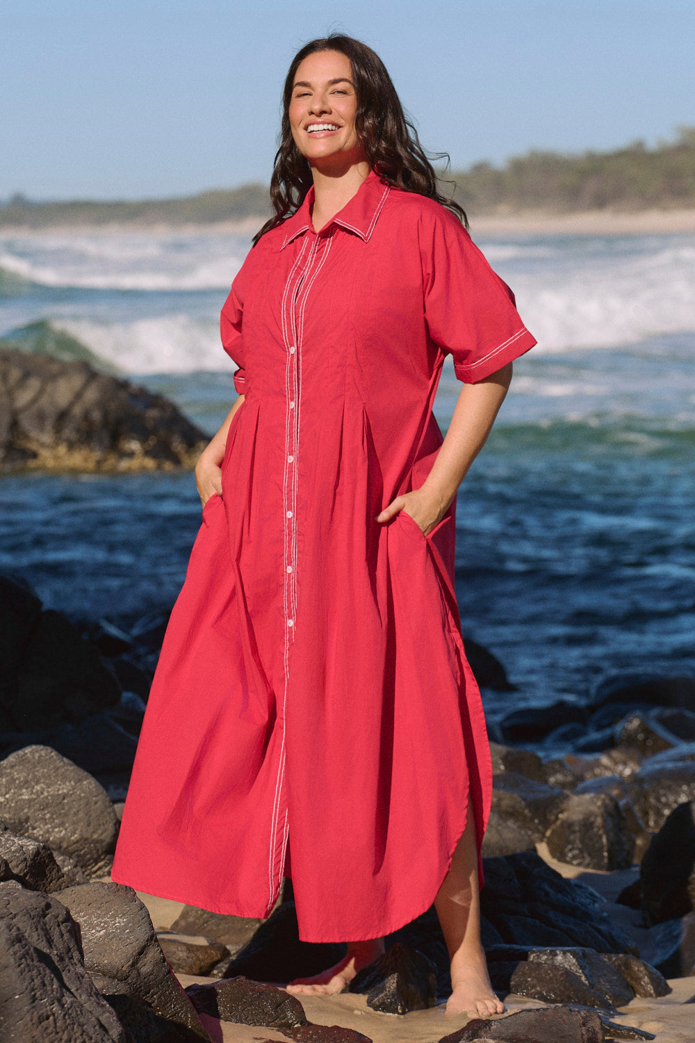 Bridget Pleated Dress in Red Poplin