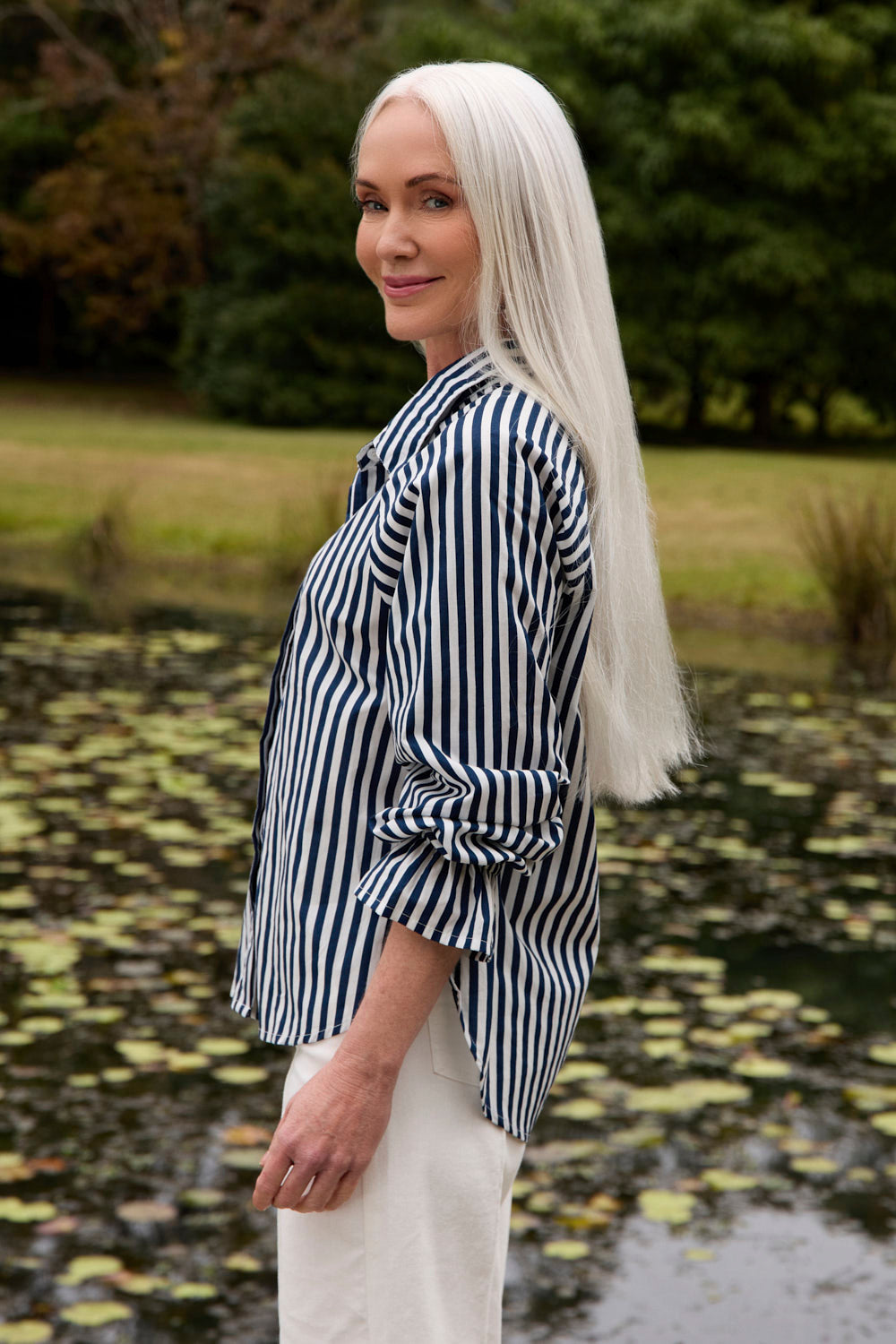 Ebony Frill Cuff Shirt in Navy Stripe