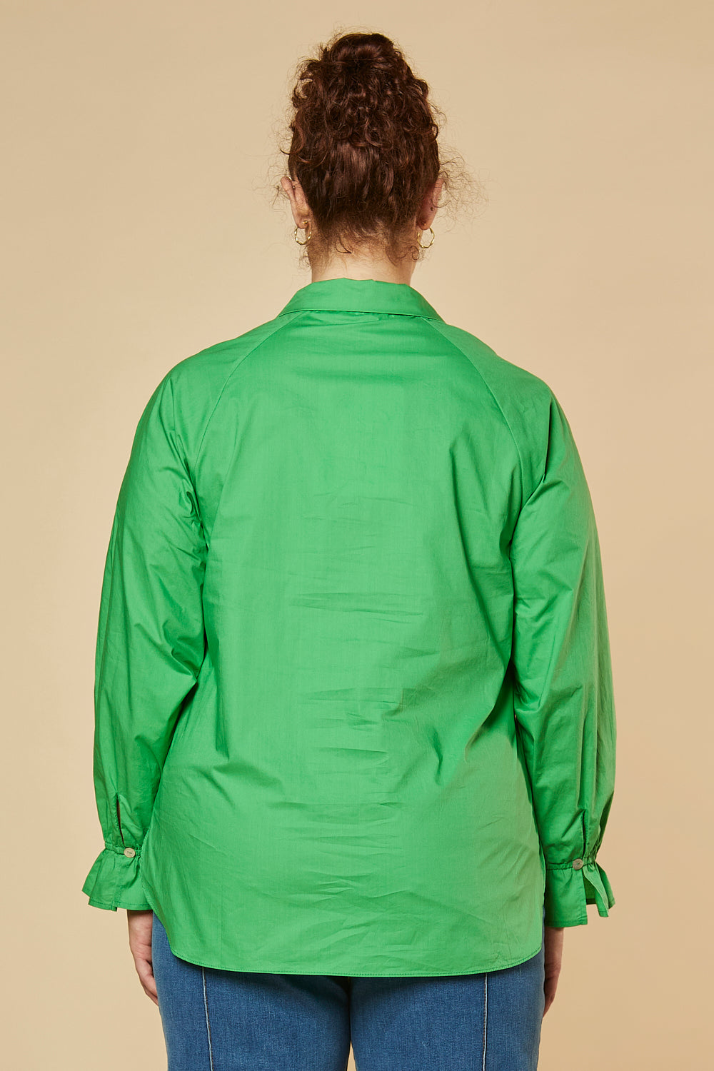 Ebony Frill Cuff Shirt in Green Poplin