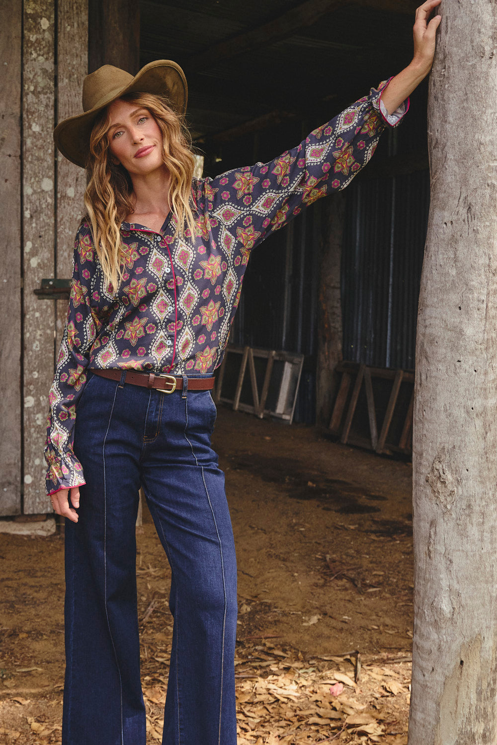 Ebony Frill Cuff Top in Veloura, bold Veloura print in silky drape rayon, Adrift