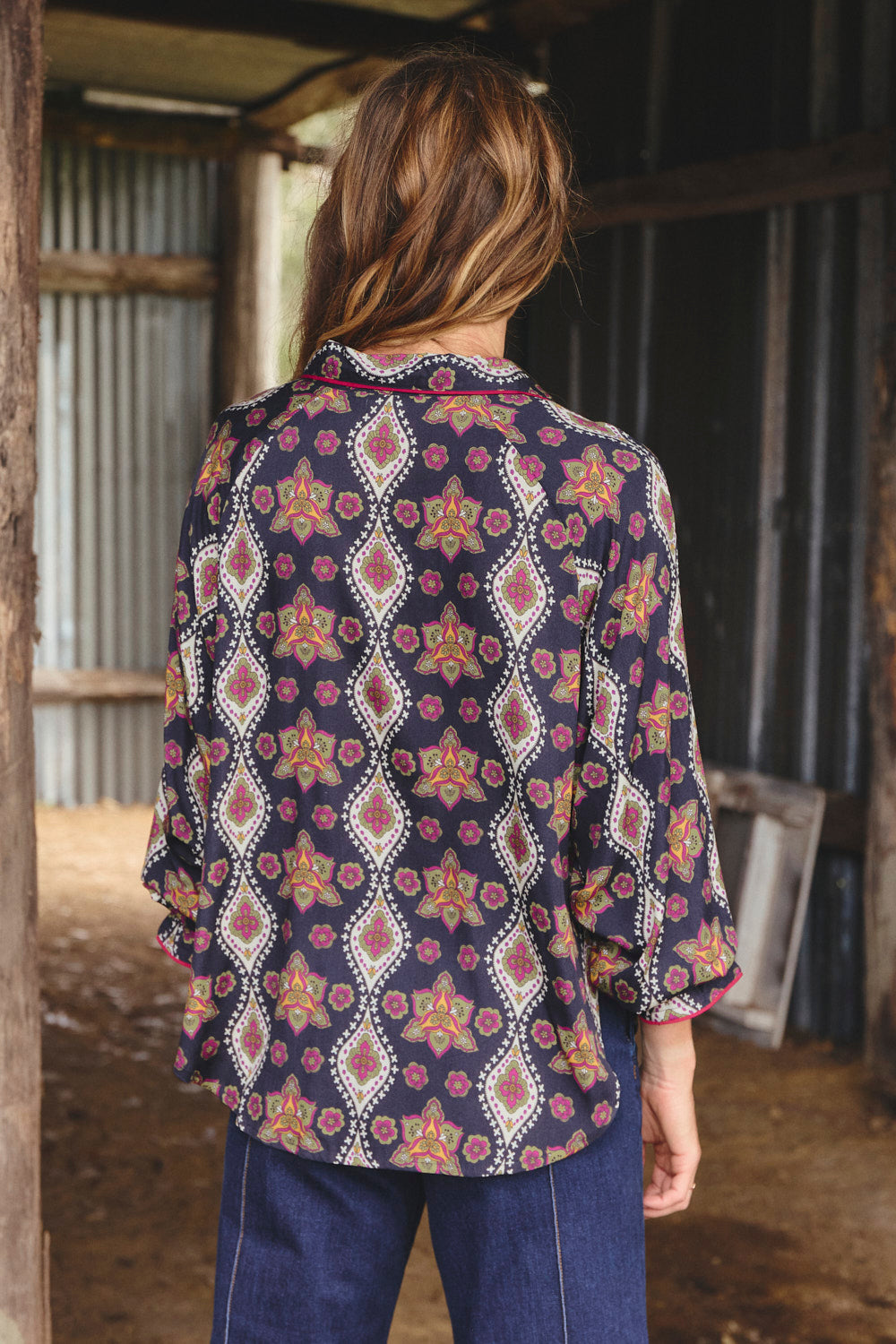 Ebony Frill Cuff Top in Veloura, relaxed styling in striking print, Adrift Clothing