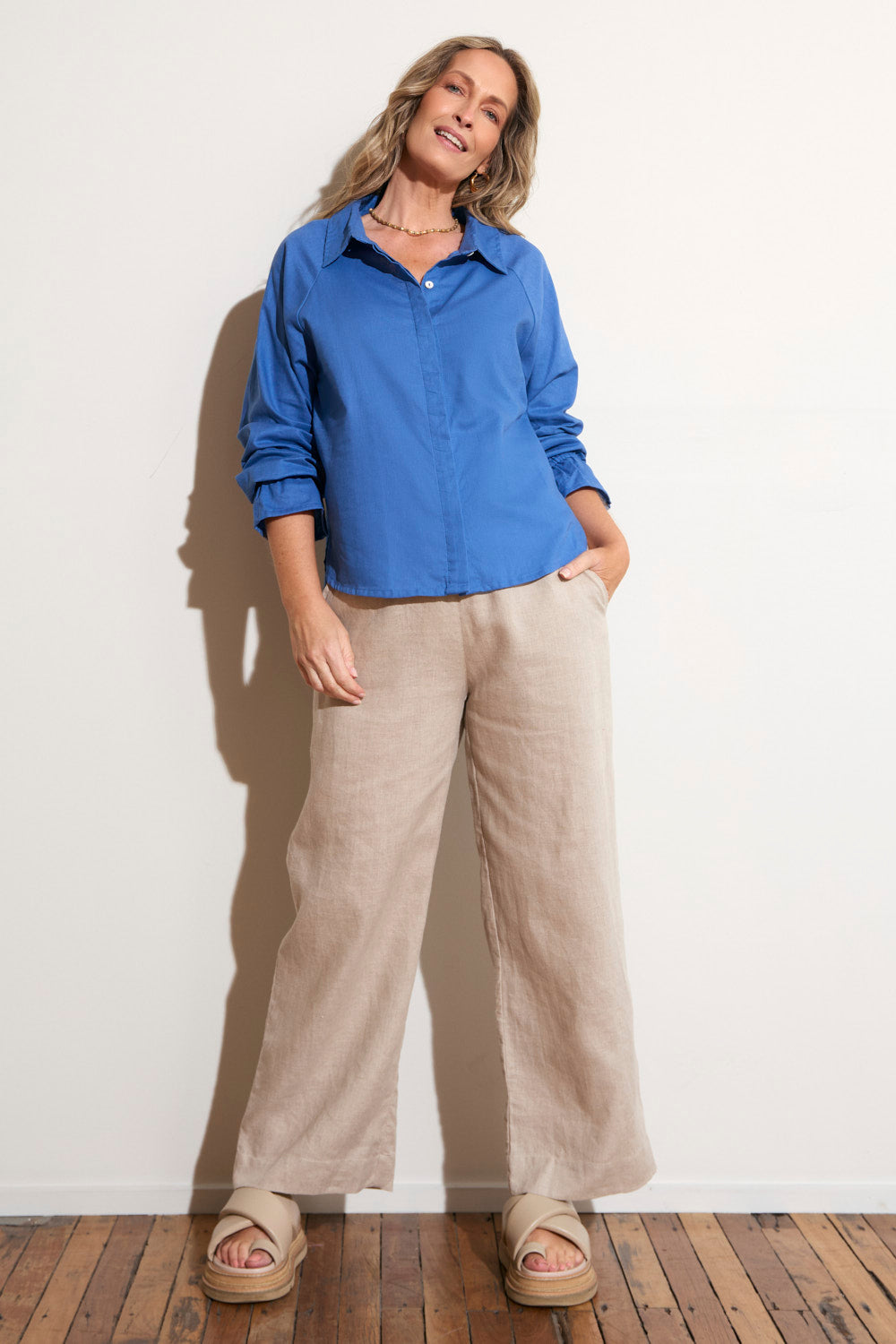 Ebony Frill Cuff Top in Yale Blue