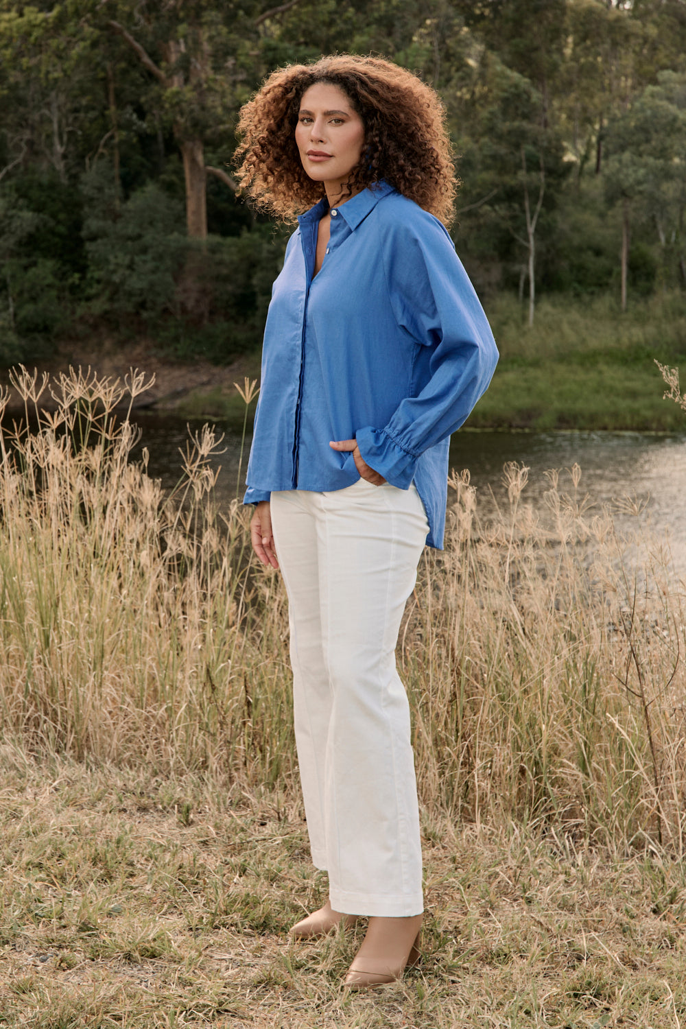 Ebony Frill Cuff Top in Yale Blue