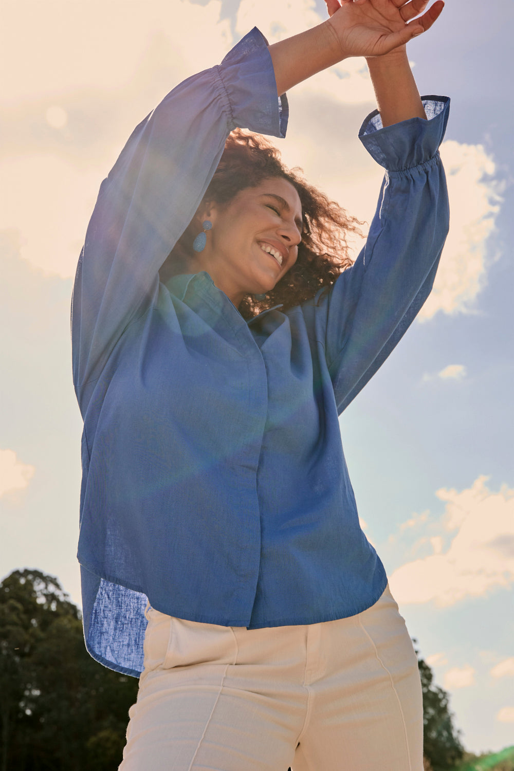 Ebony Frill Cuff Top in Yale Blue