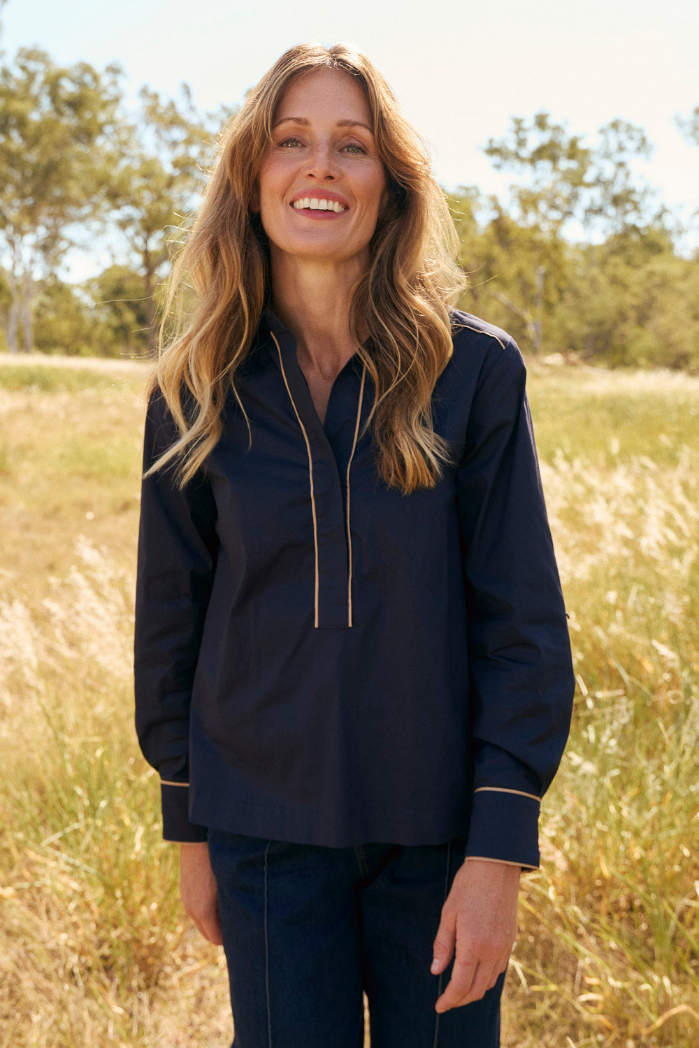 Ella Collared Top in Navy Outline