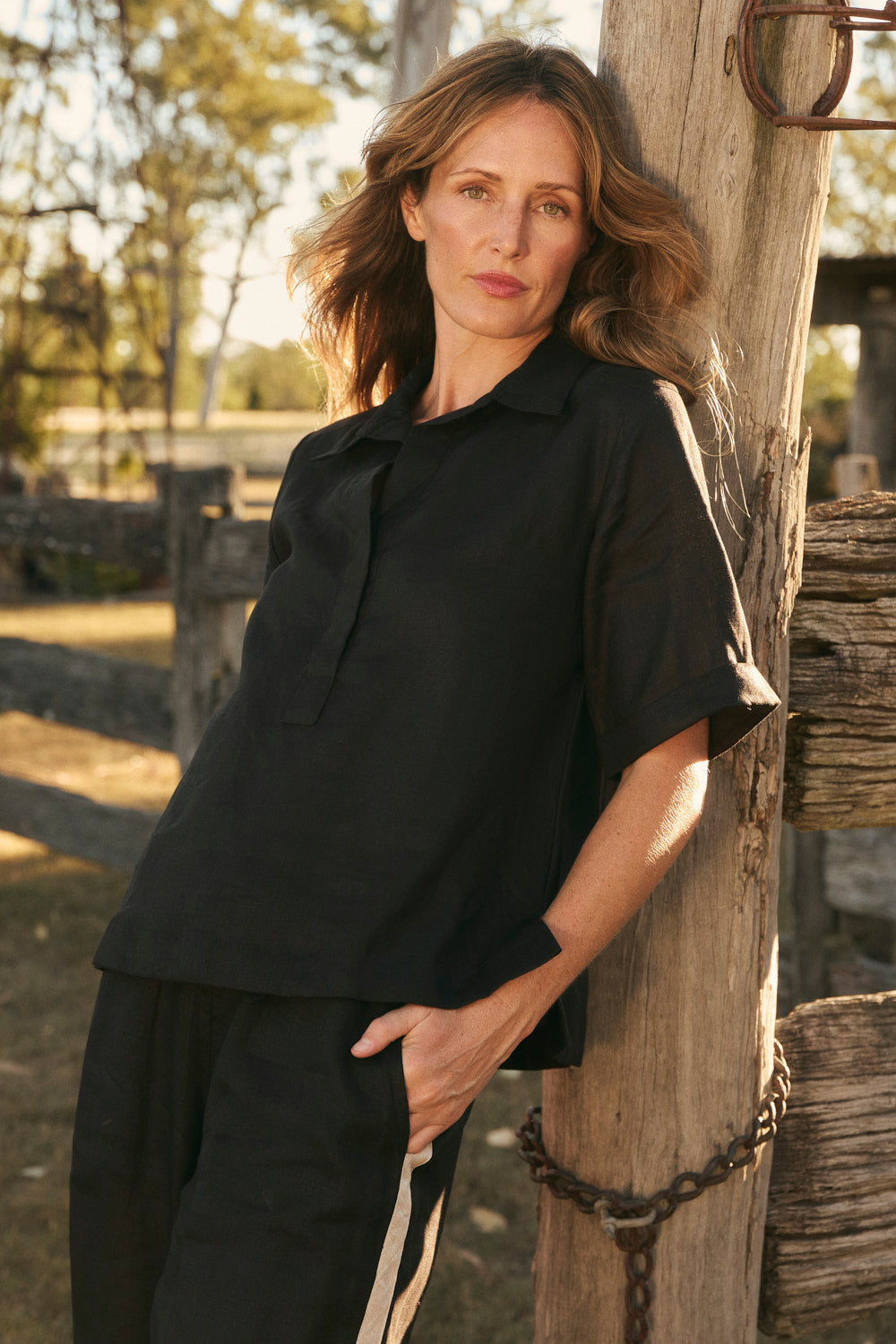 Ella Linen Collared Top in Black
