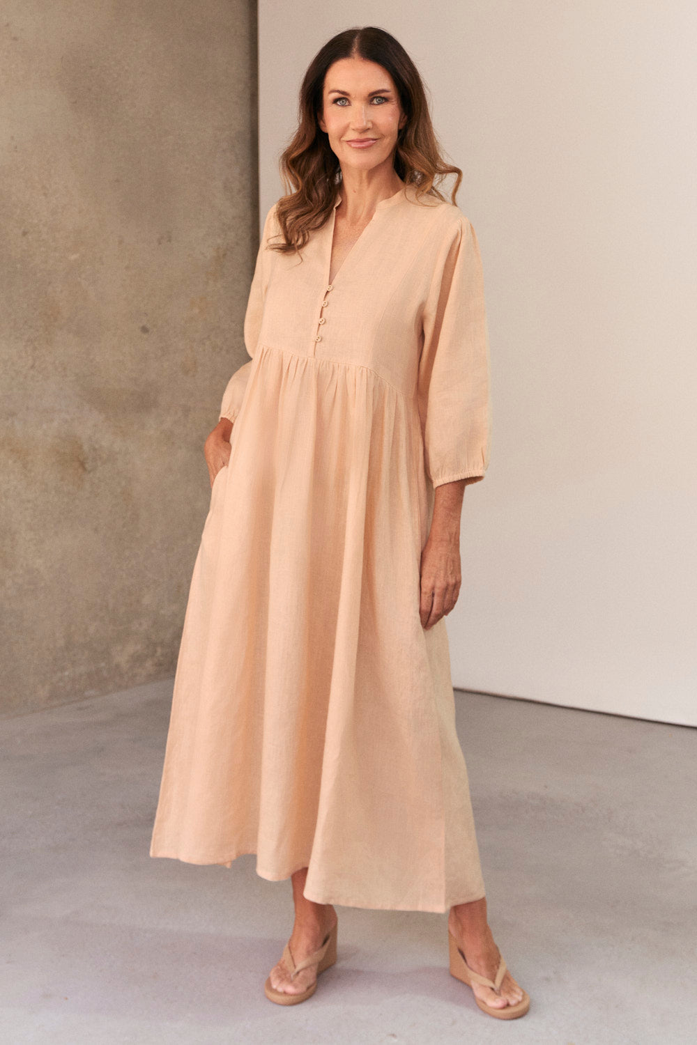 Elodie Linen Smock Dress in Sand