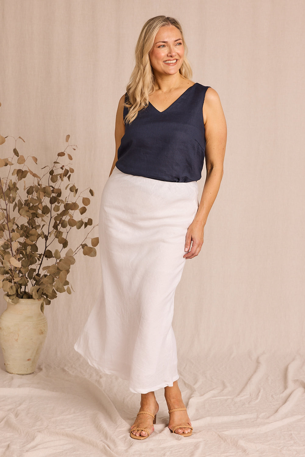 Adrift Katie Bias Cut Skirt in White Linen Viscose Blend Straight Cut Shape Elasticated Waistband Adrift Clothing