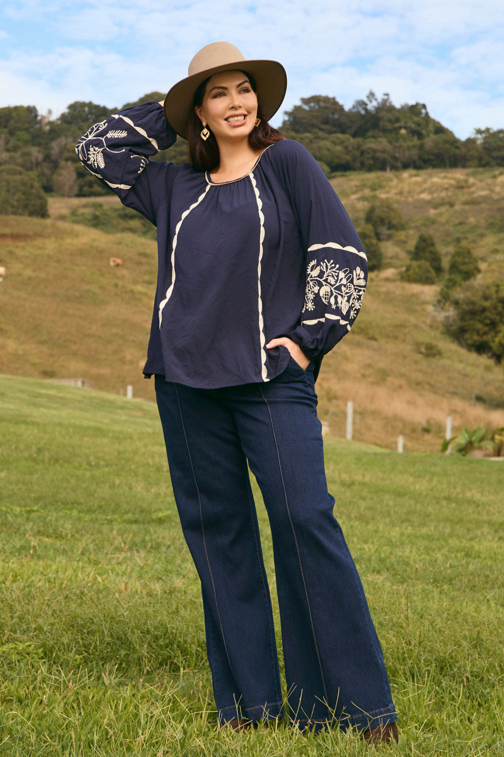 Emila Embroidered Blouse in Midnight Pearl