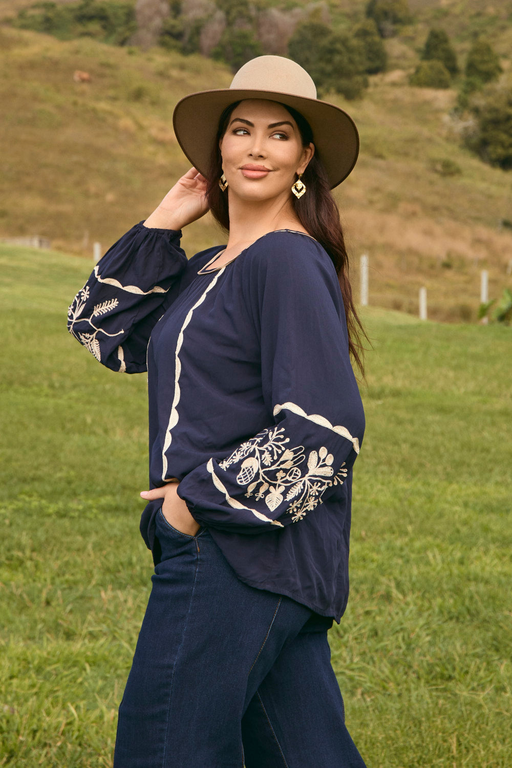 Emila Embroidered Blouse in Midnight Pearl