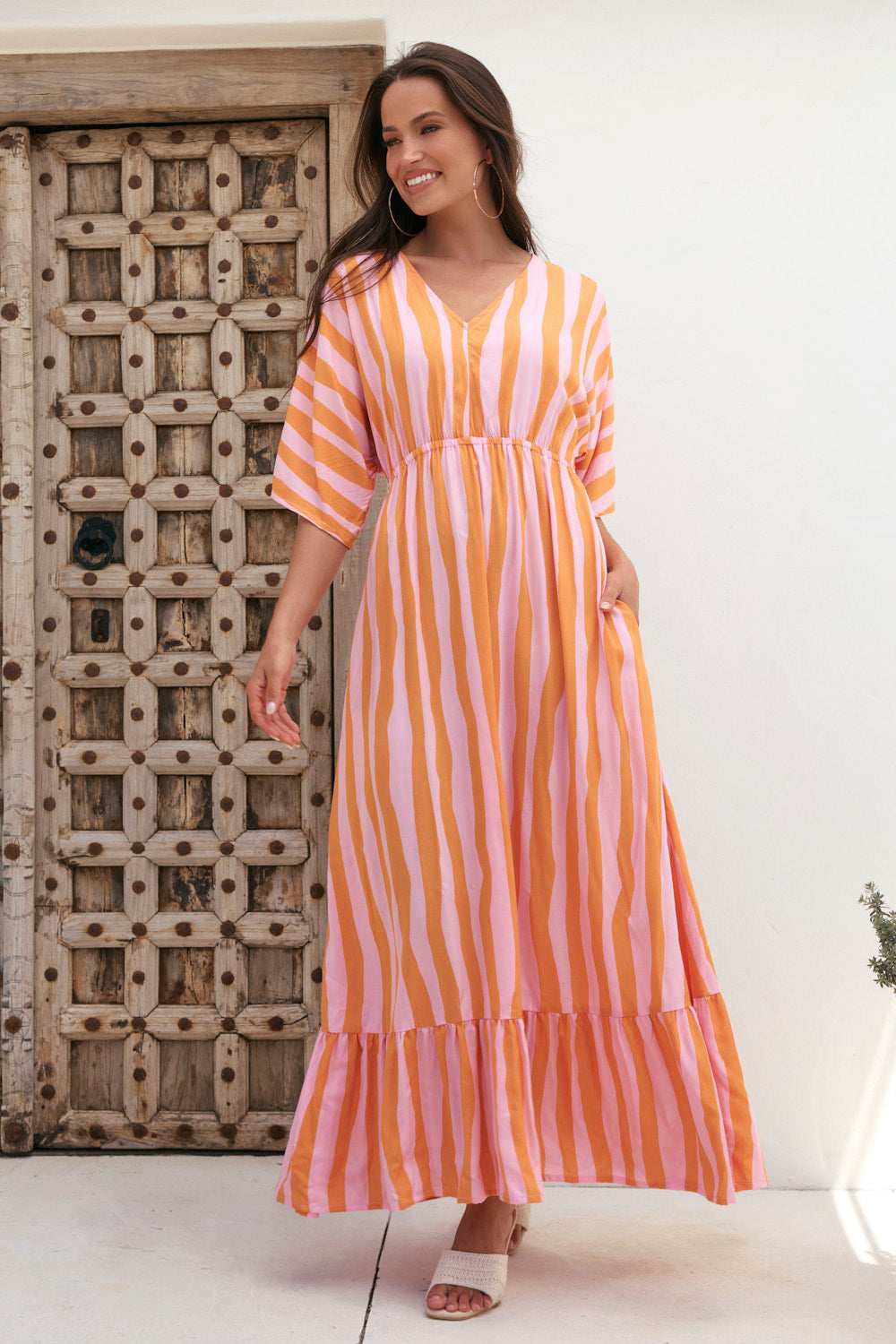 Emily V-Neck Dress in Coral Spring