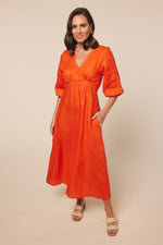Farrah Linen Midi Dress in Tangerine