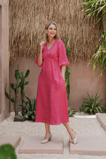 Farrah Linen Midi Dress in Hot Pink