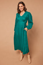 Farrah Long Sleeve Linen Dress in Emerald
