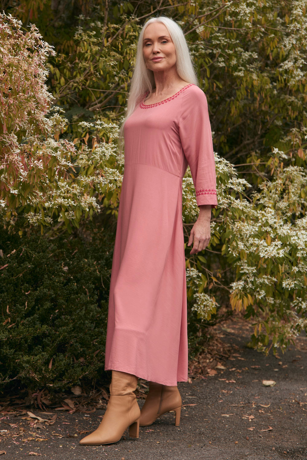 Felisha Embroidered Bias Cut Dress in Earth