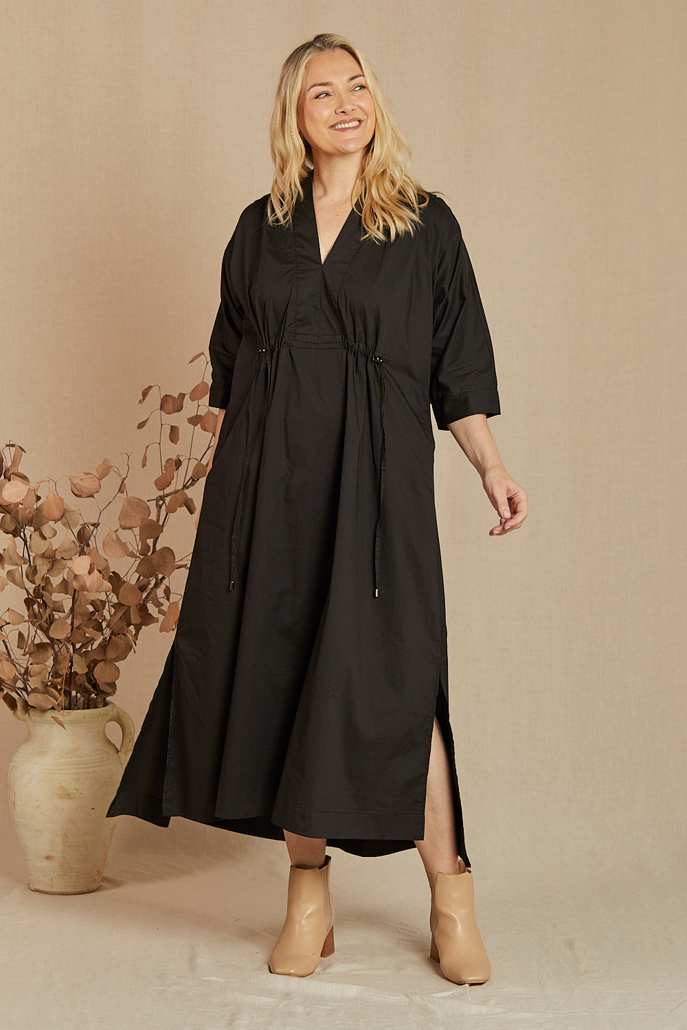 Finley Poplin Kaftan Dress in Black