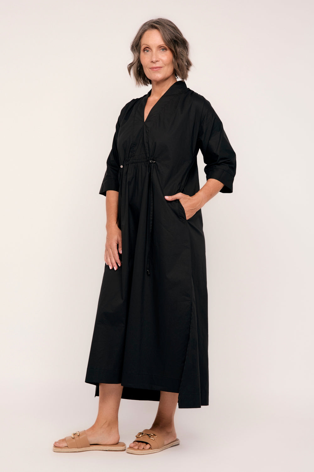 Finley Poplin Kaftan Dress in Black