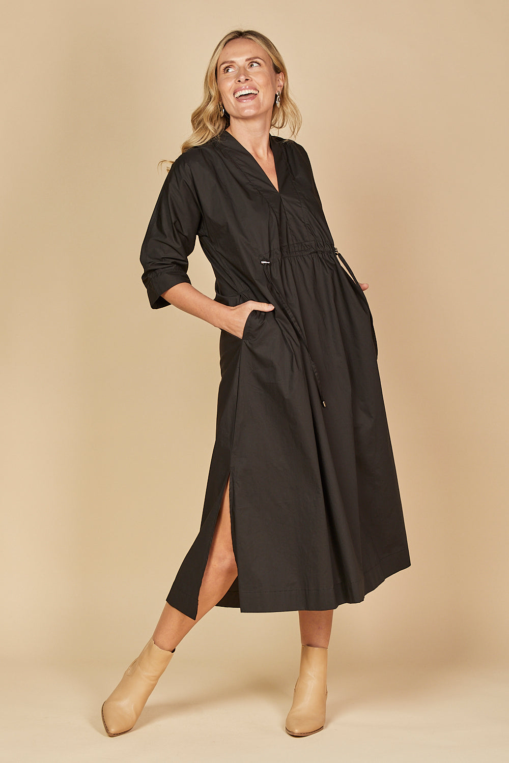 Finley Poplin Kaftan Dress in Black