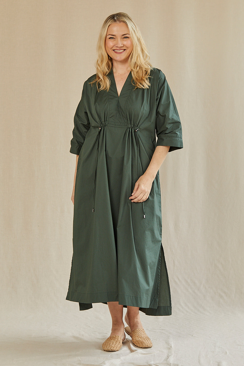 Finley Poplin Kaftan Dress in Bottle Green