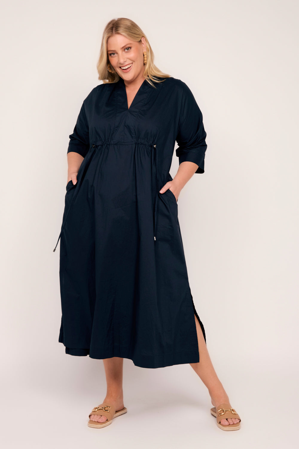 Finley Poplin Kaftan Dress in Navy