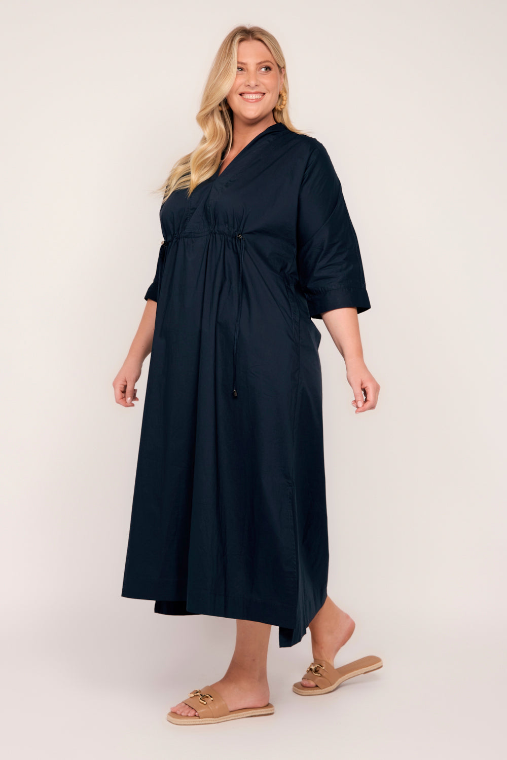 Finley Poplin Kaftan Dress in Navy