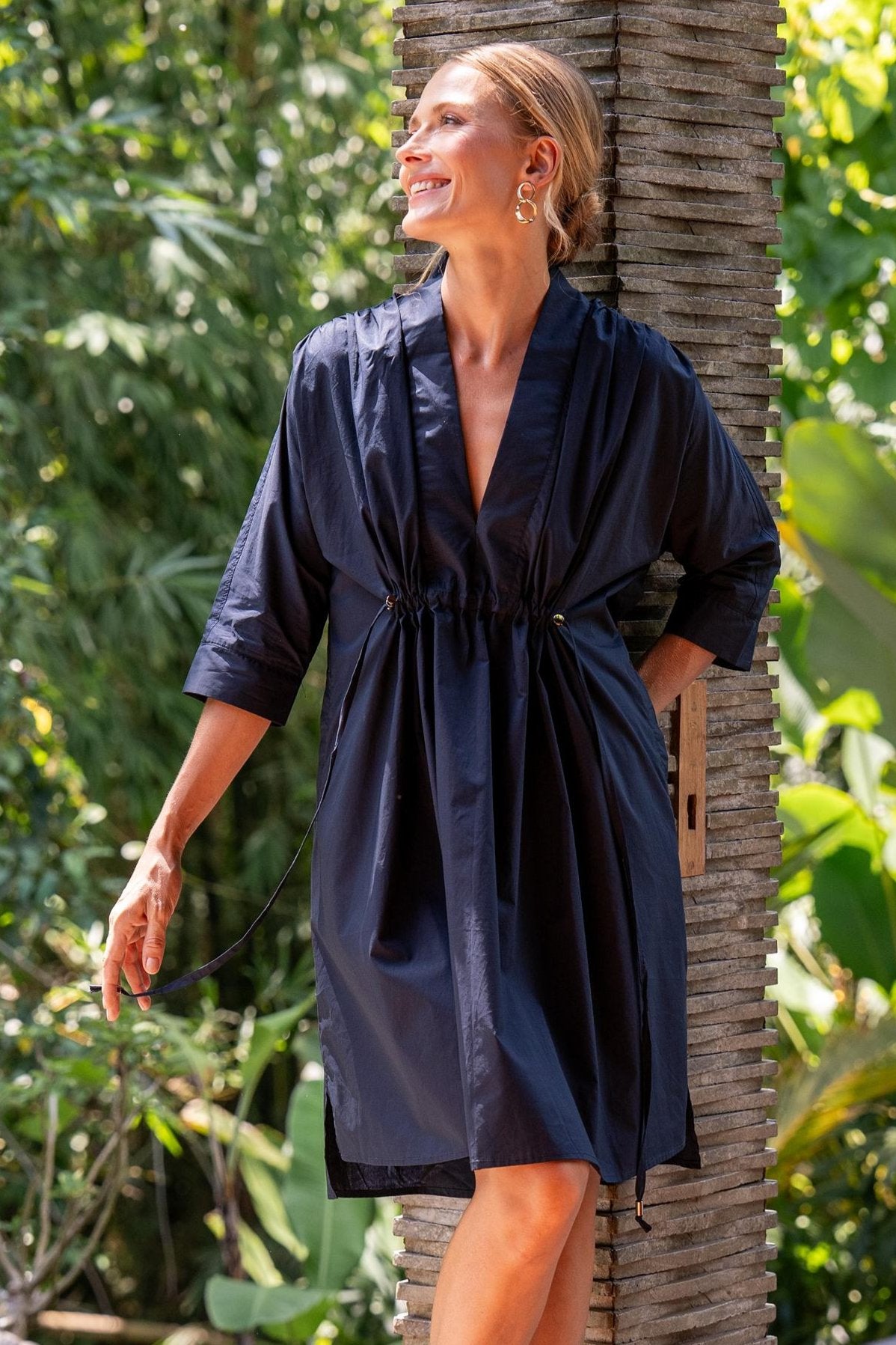 Finley Poplin Short Kaftan Dress in Navy