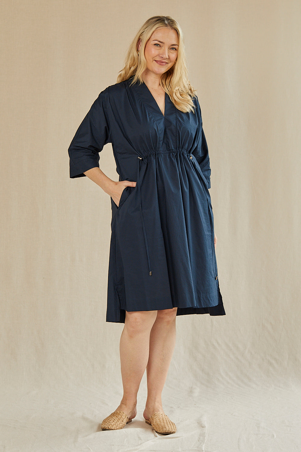 Finley Poplin Short Kaftan Dress in Navy