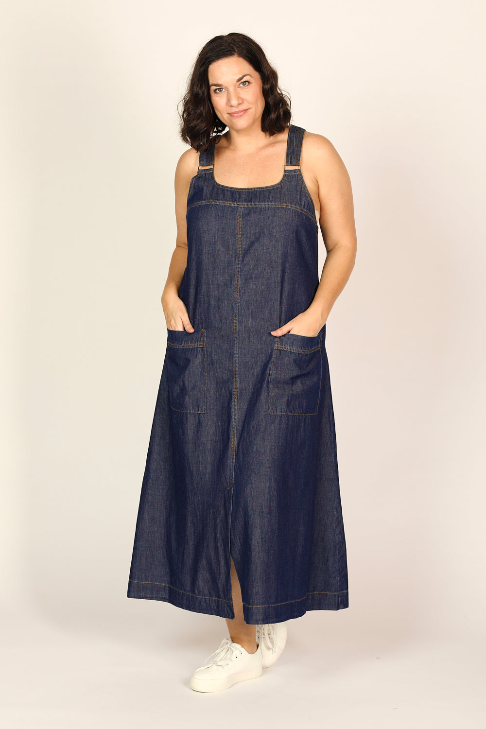 Francesca Chambray Pinafore Dress in Dark Wash