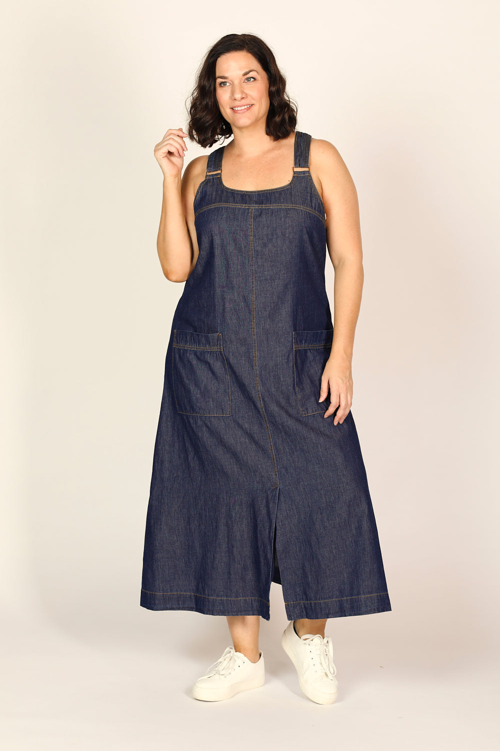 Francesca Chambray Pinafore Dress in Dark Wash