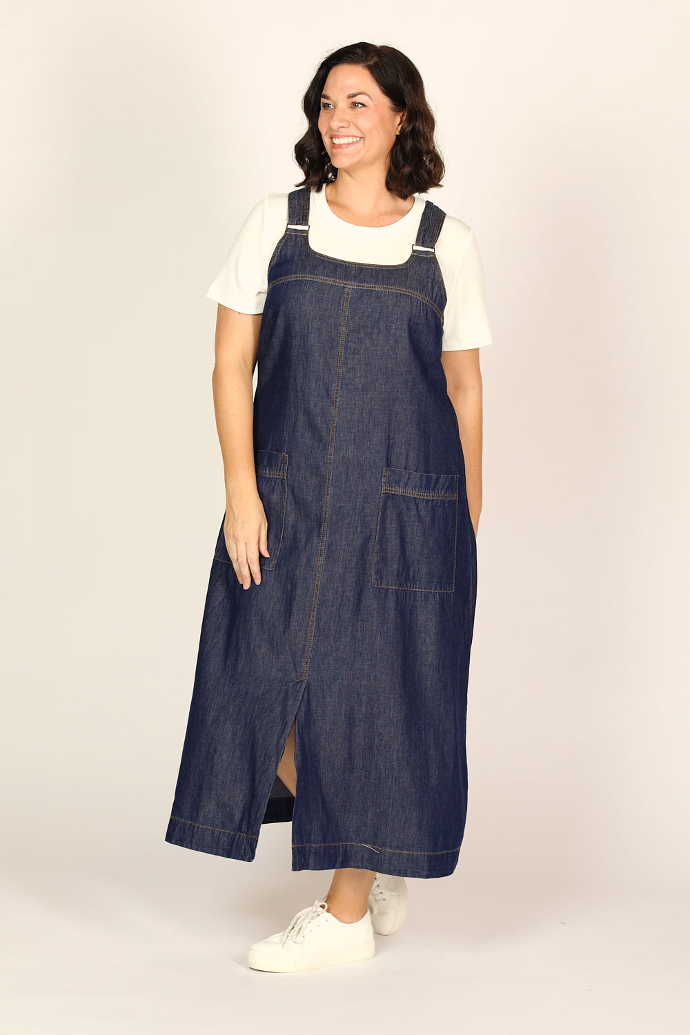 Francesca Chambray Pinafore Dress in Dark Wash