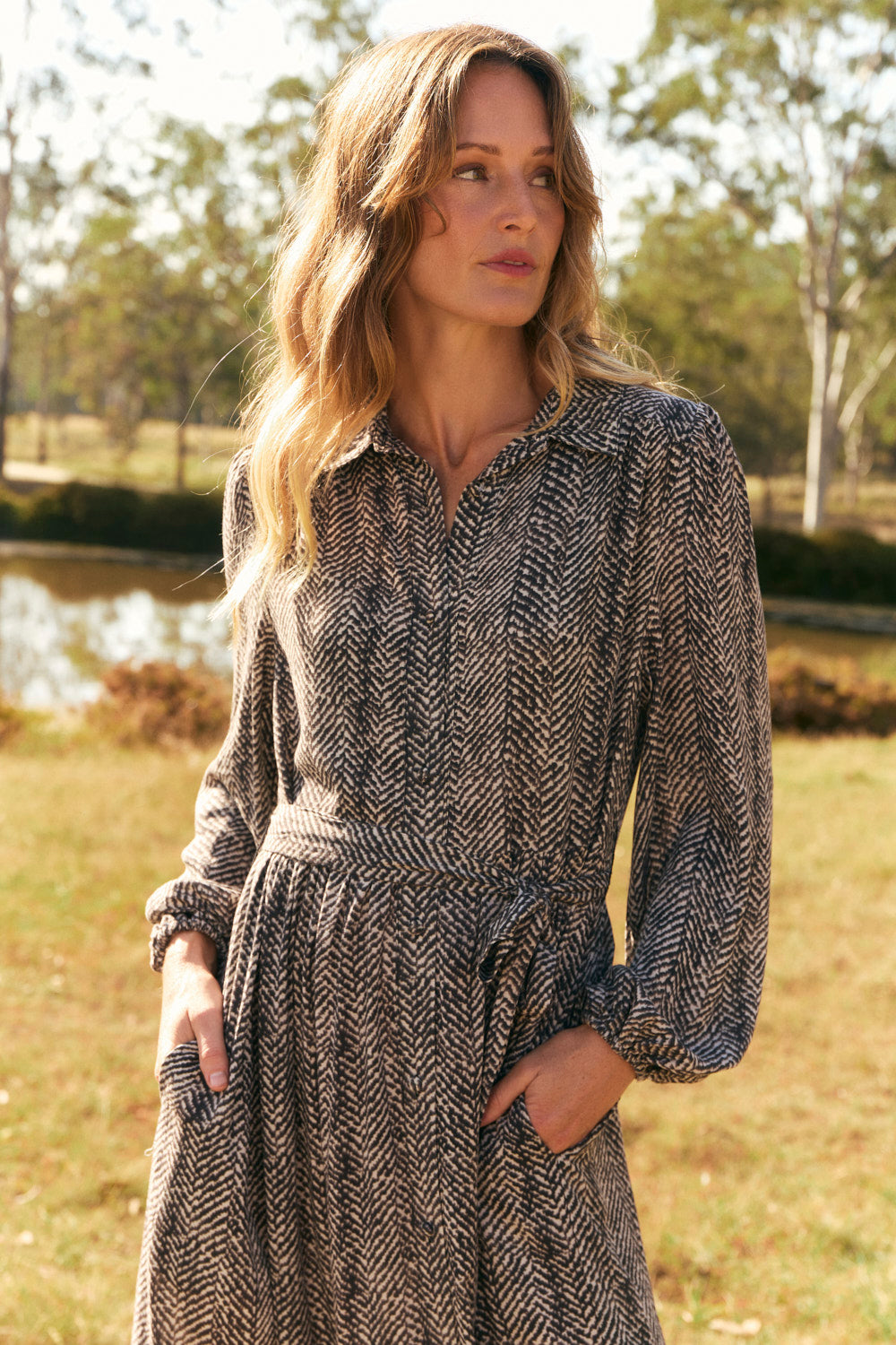 Ginette Collared Dress in Herringbone