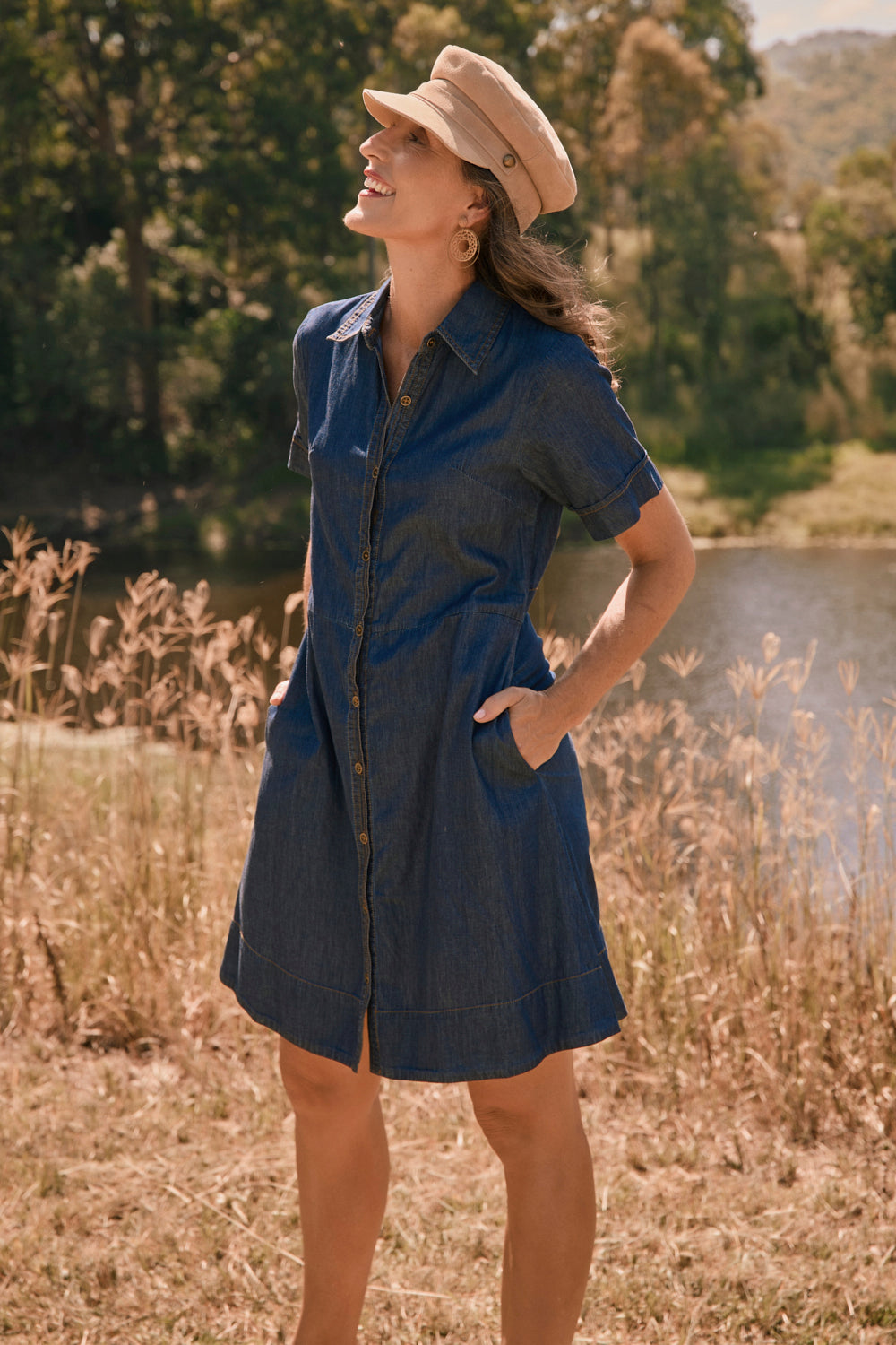 Gracie Chambray Short Dress in Dark Wash