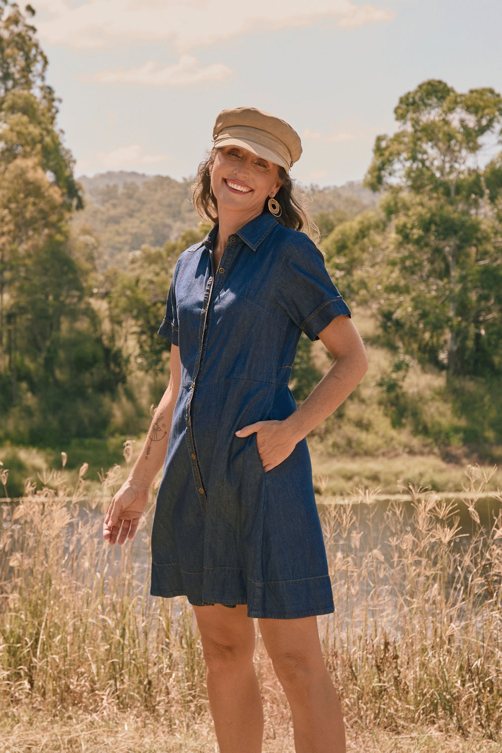 Gracie Chambray Short Dress in Dark Wash