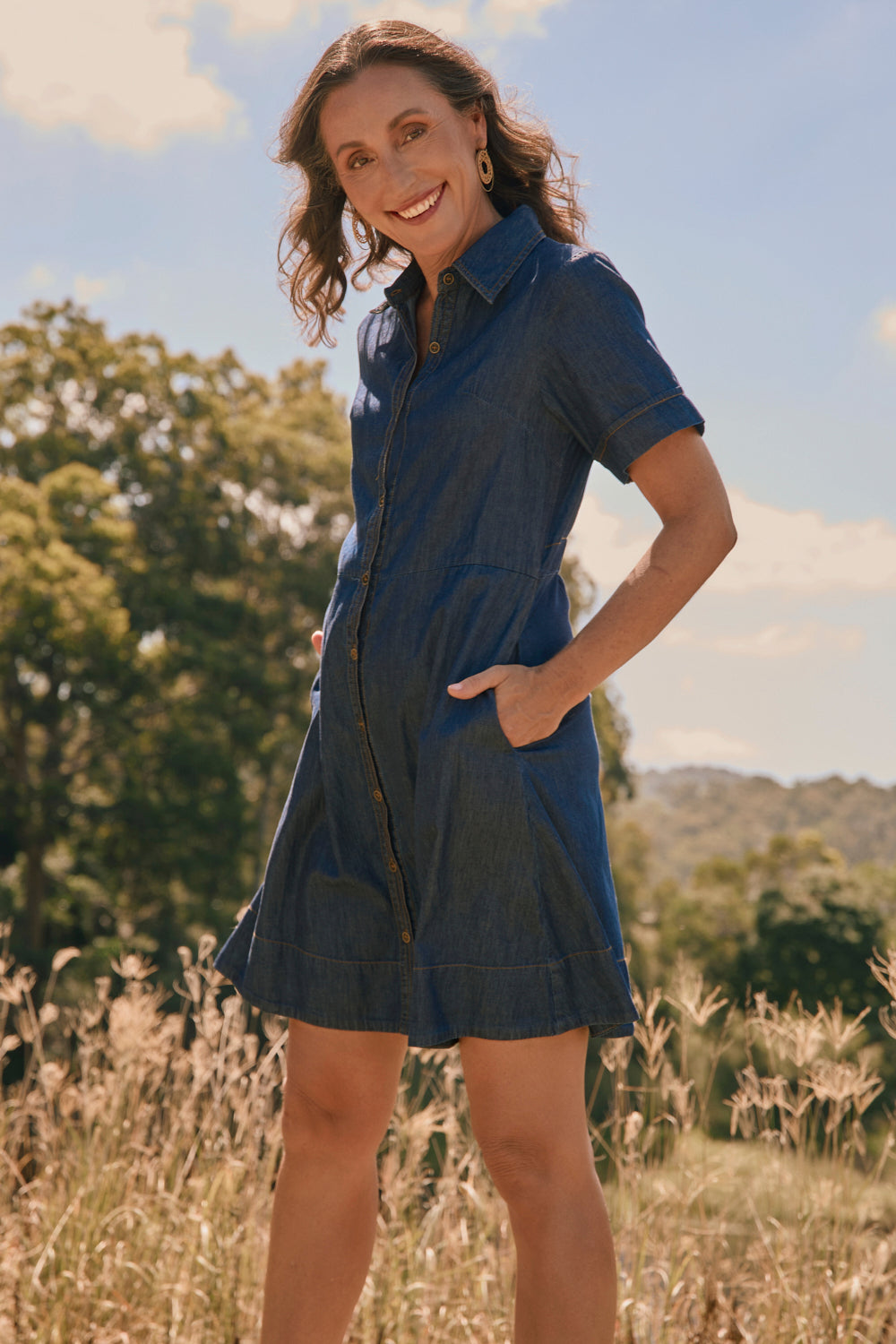 Gracie Chambray Short Dress in Dark Wash