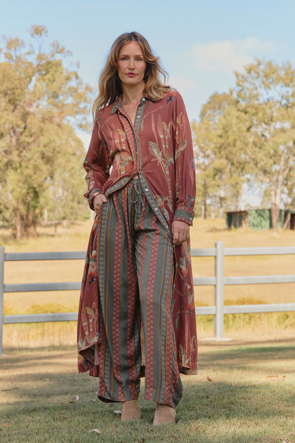 Gracie Collared Dress worn open over the Breezy Relaxed Pant in Outback for a duster look, Adrift