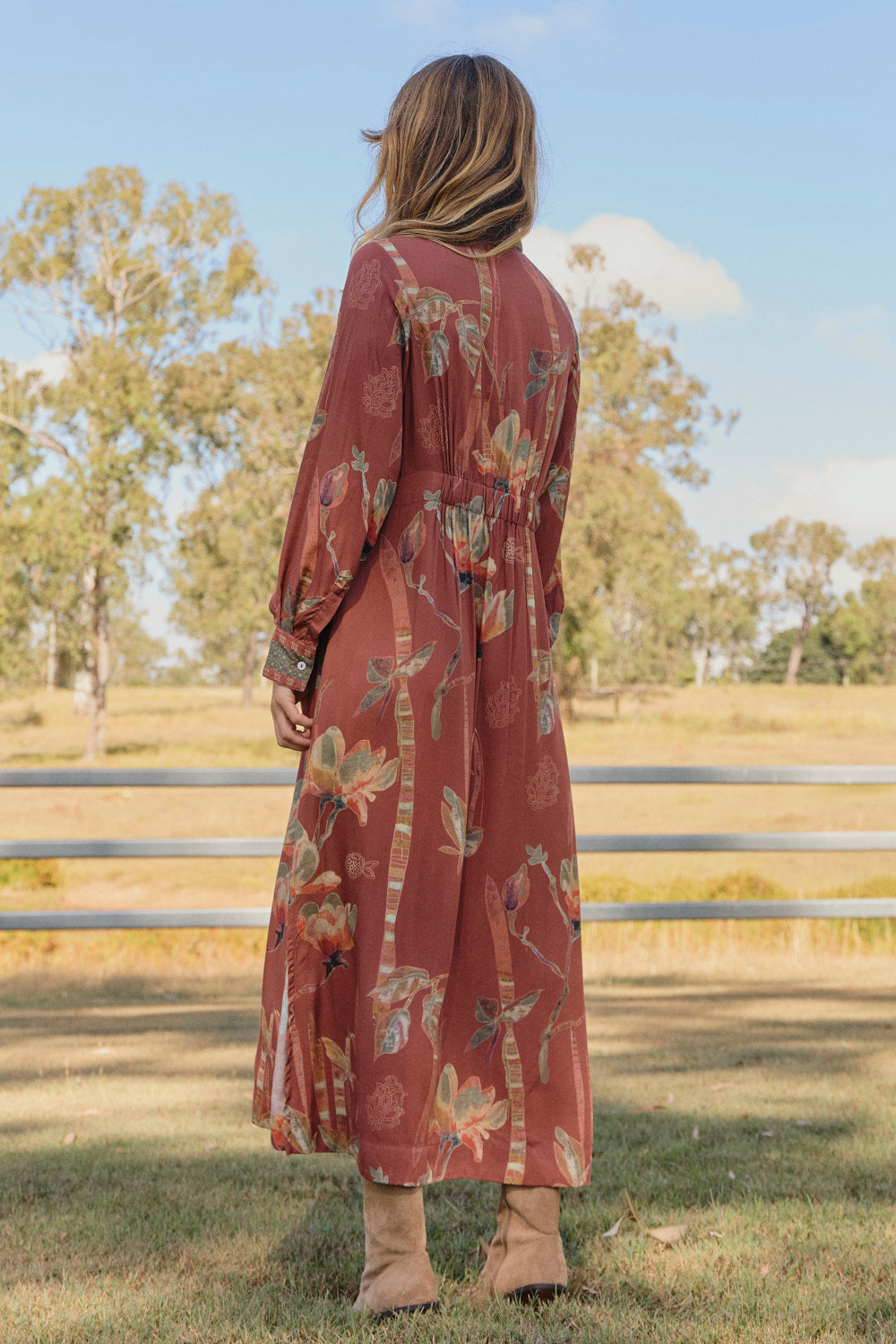 Gracie Collared Dress in Outback in fluid drape 100% rayon, designed in Brisbane Australia