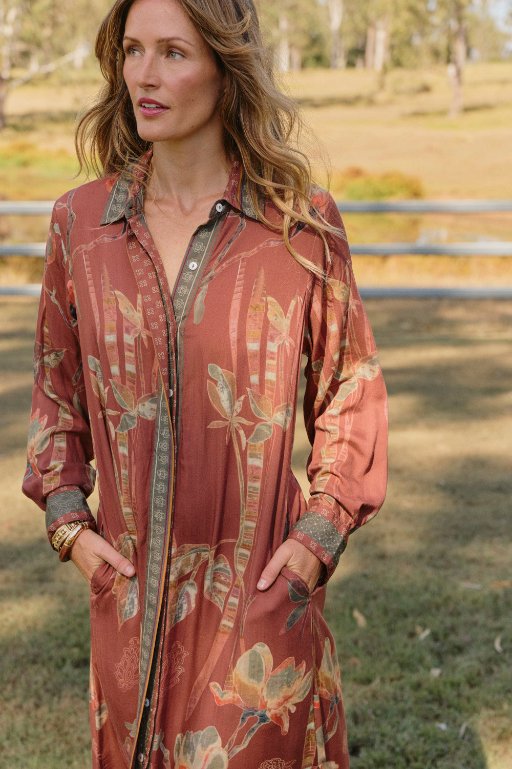 Model wearing the Gracie Collared Dress in Outback with centre-back elasticated waist, Adrift Clothing