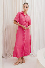 Gracie Linen Shirt Dress in Hot Pink