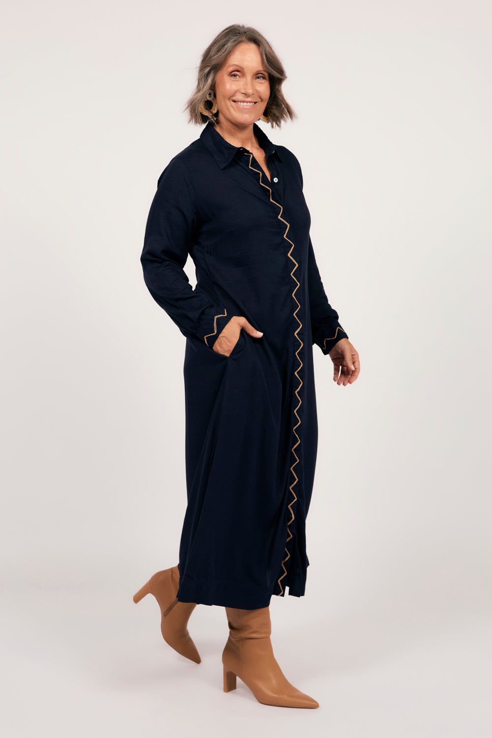 Gracie Long Sleeve Shirt Dress in Navy