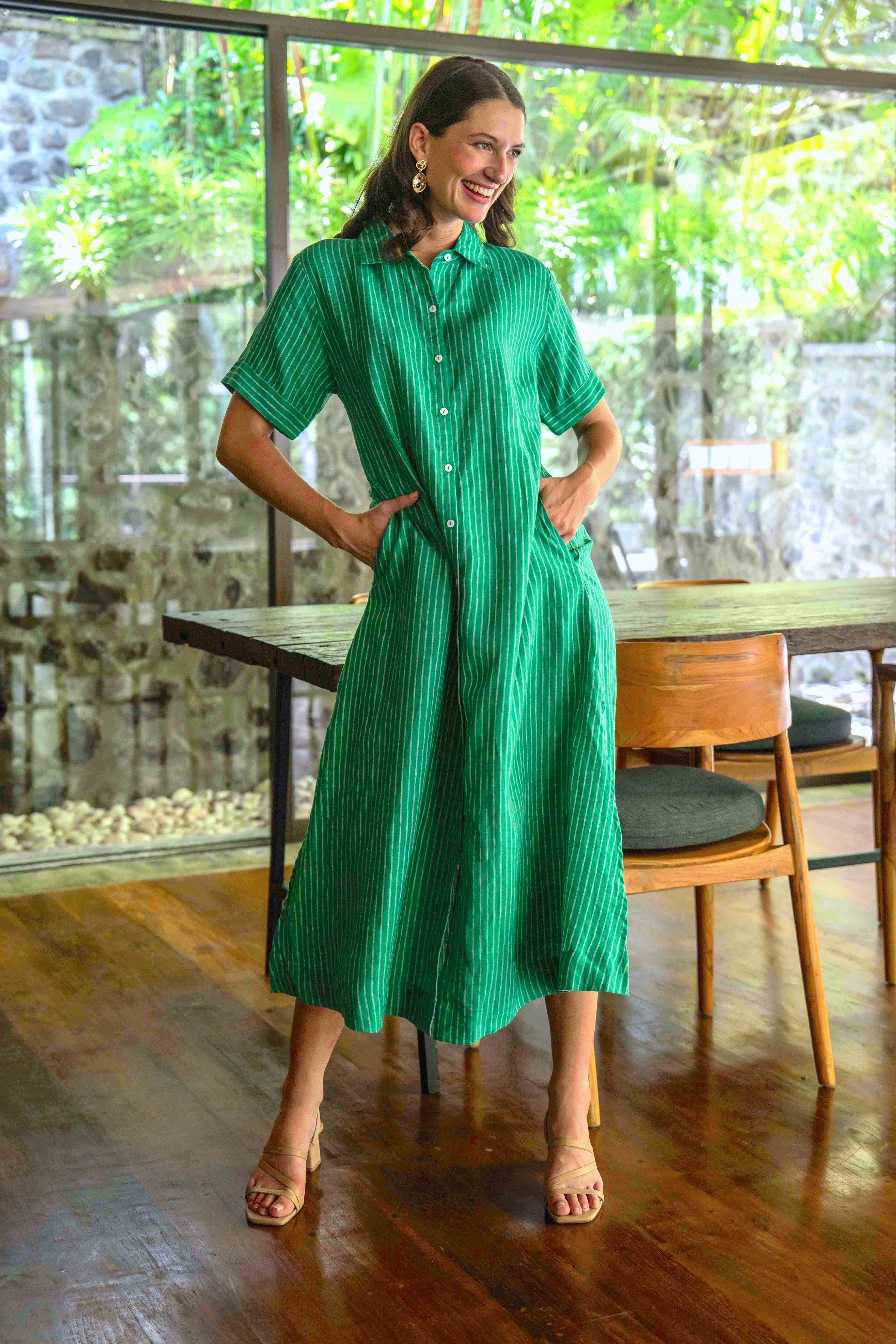 Gracie Linen Shirt Dress in Emerald City