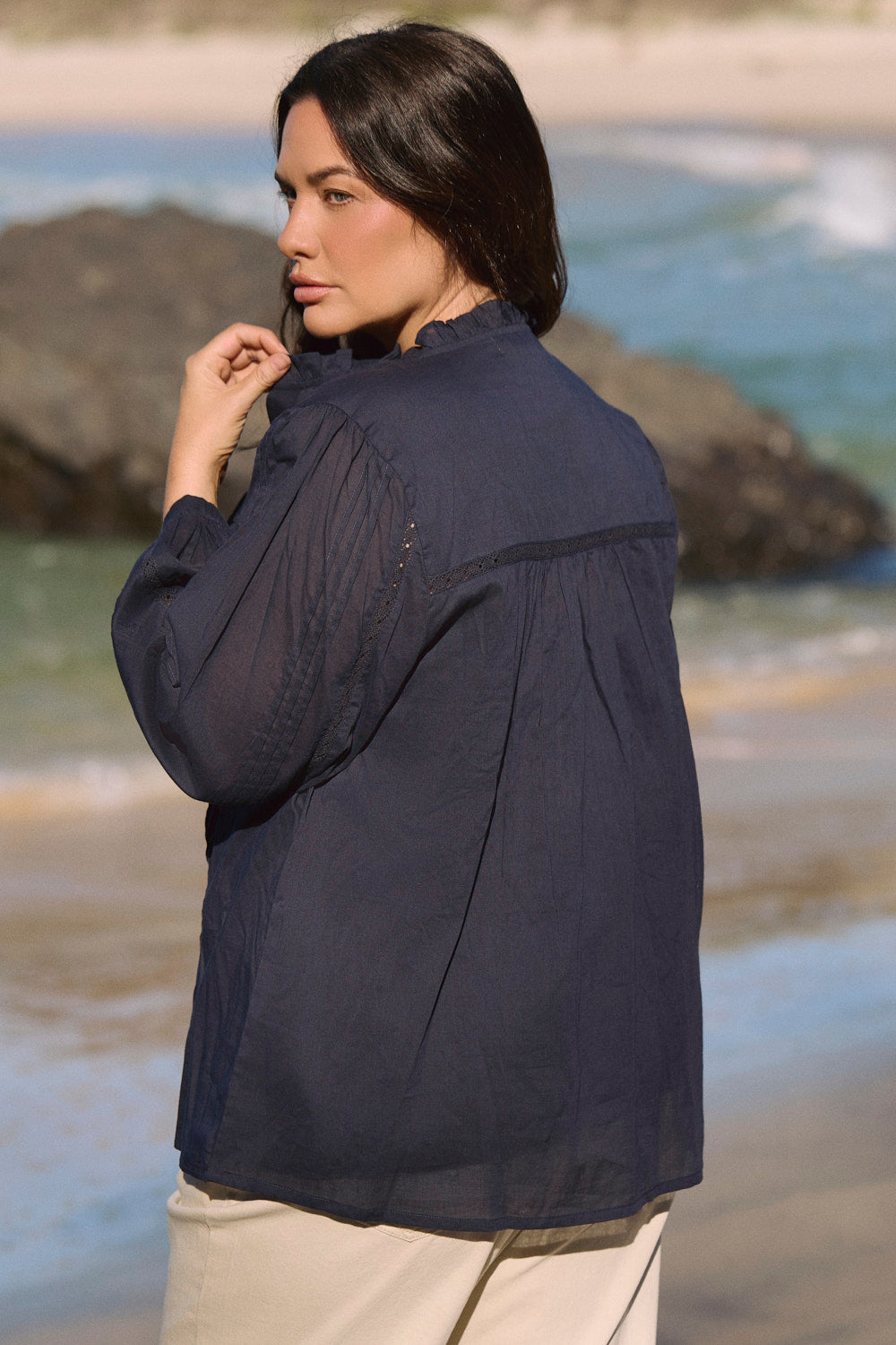 Harper Pintuck Blouse in Navy Lyric
