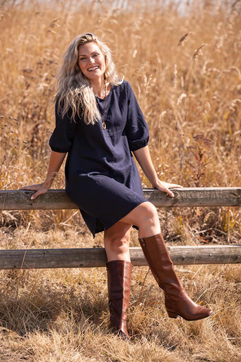 Hazel Short Linen Shift Dress in Navy