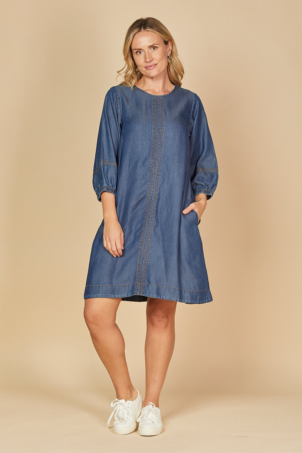 Hazel Short Shift Tencel Dress in Mid Wash