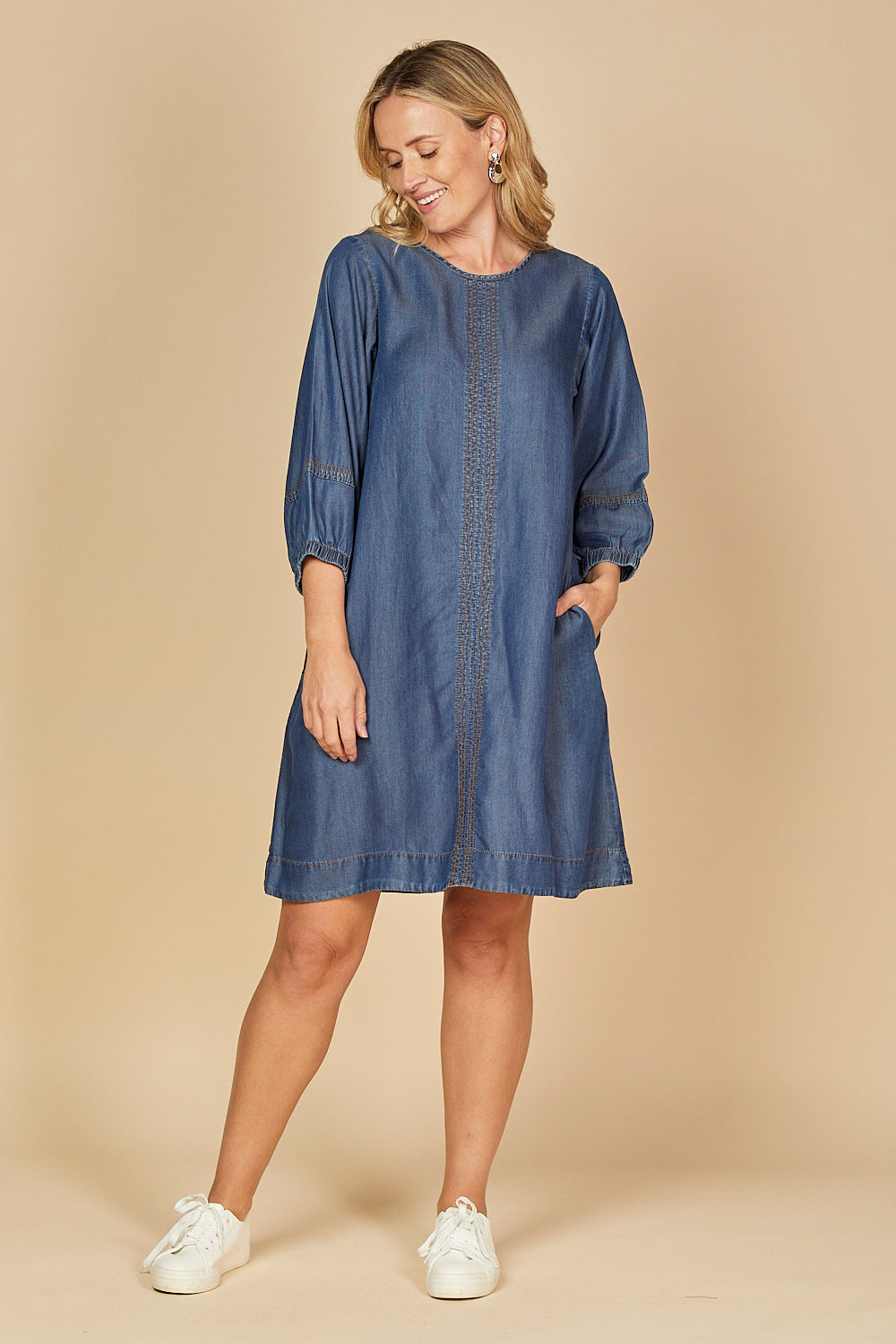 Hazel Short Shift Tencel Dress in Mid Wash