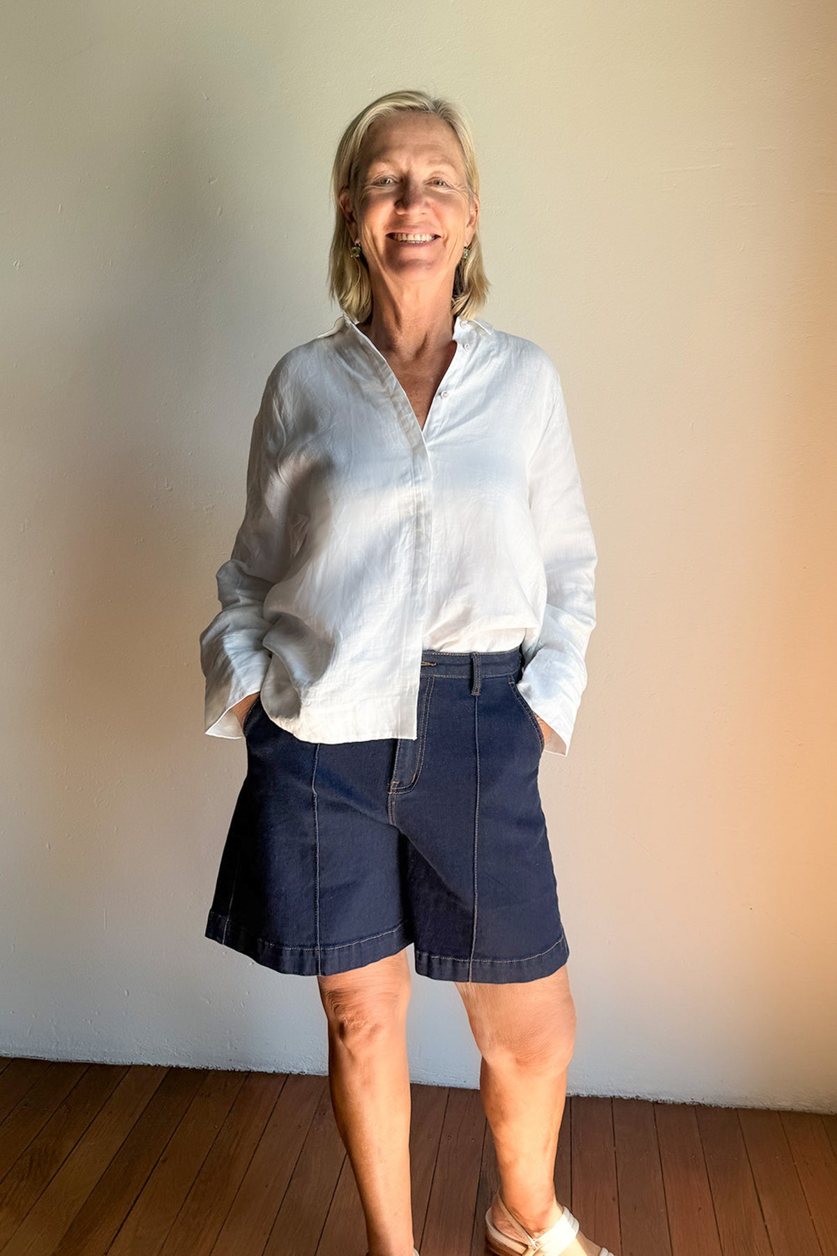 Lainey Denim Longline A-Line Shorts in Dark Wash