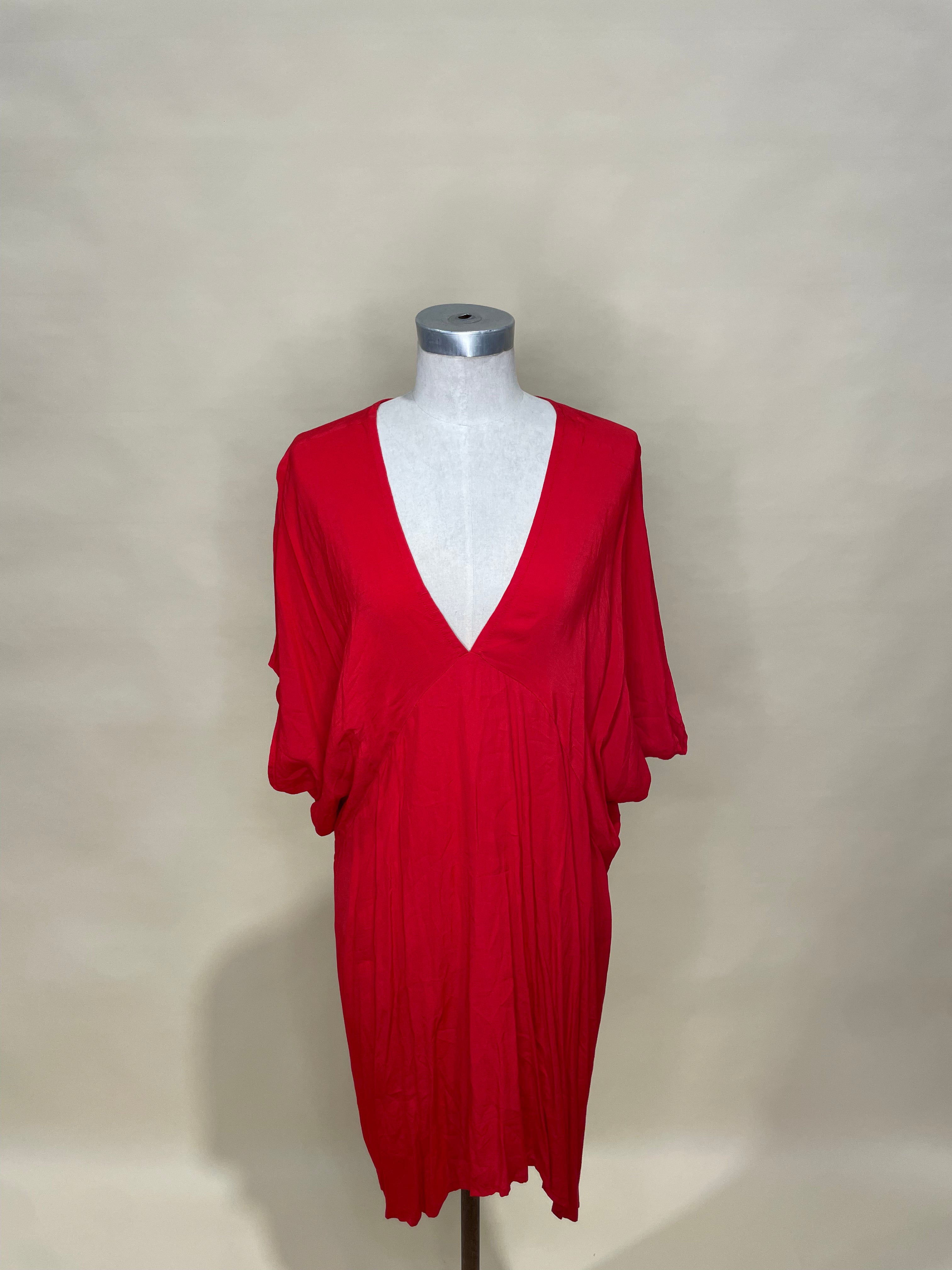 Red V-Neck Batwing Dress