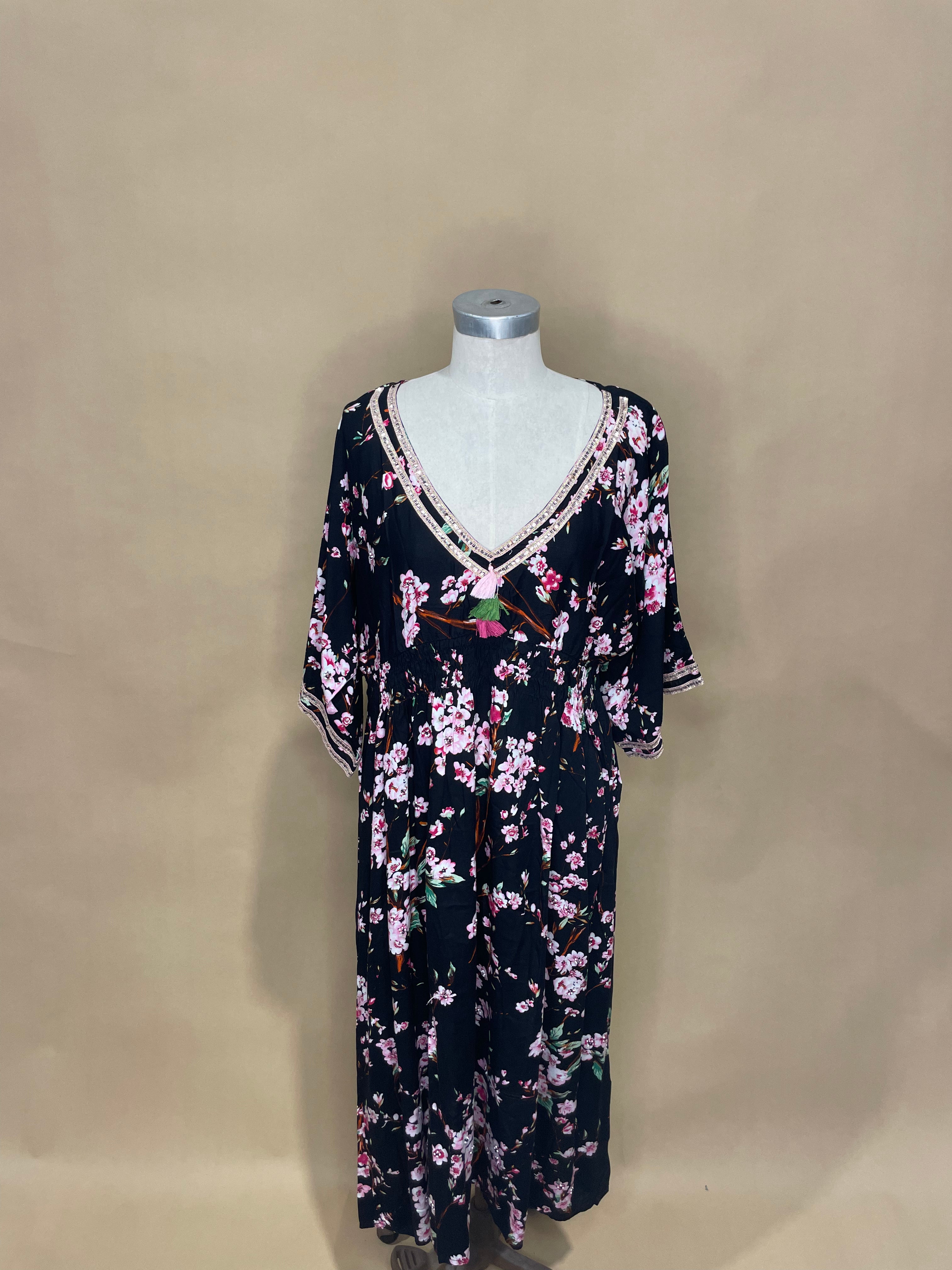 Black and Pink Cherry Blossom V-Neck Dress