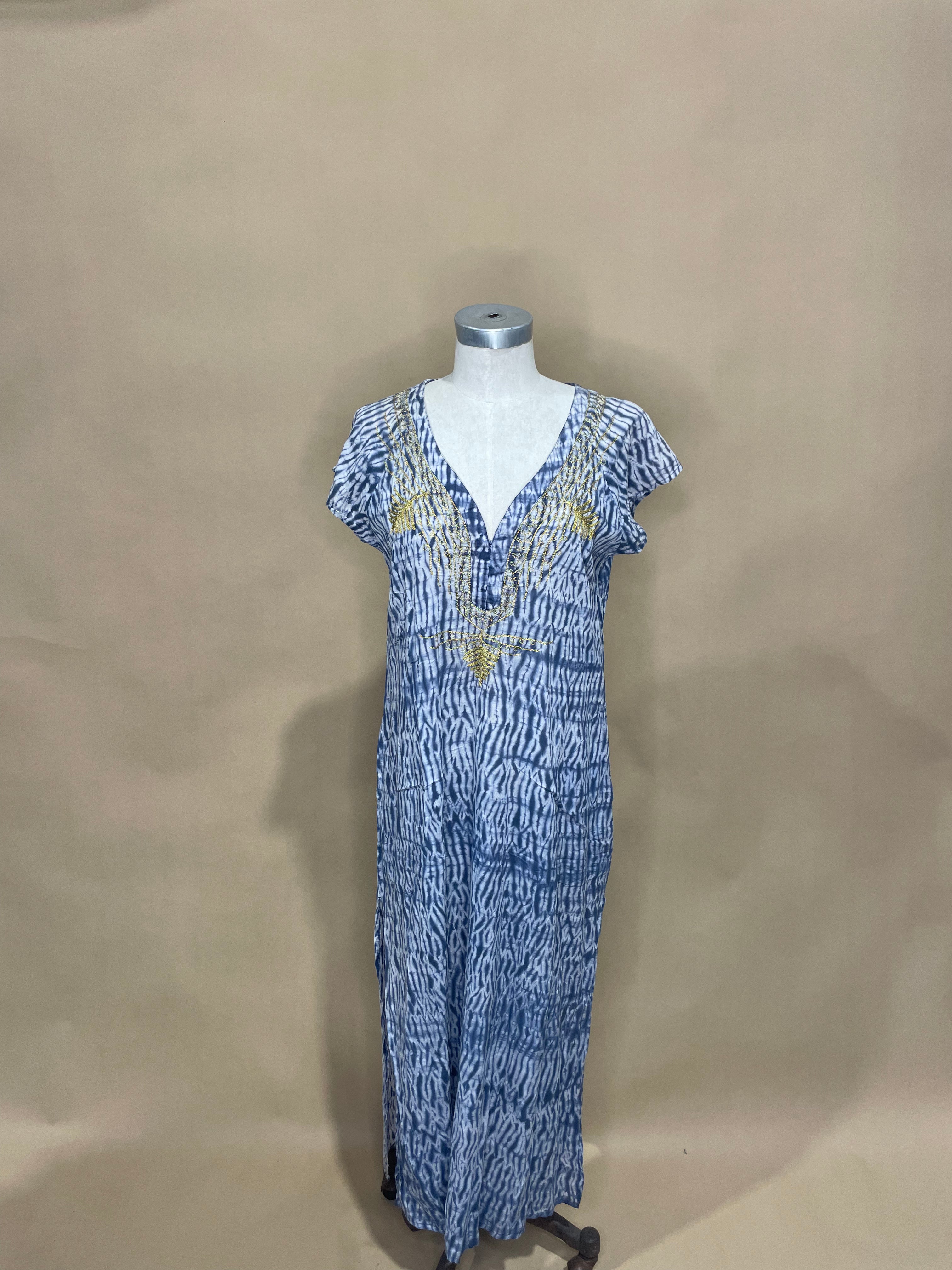 Navy Ripple Dress in Gold Embroidery